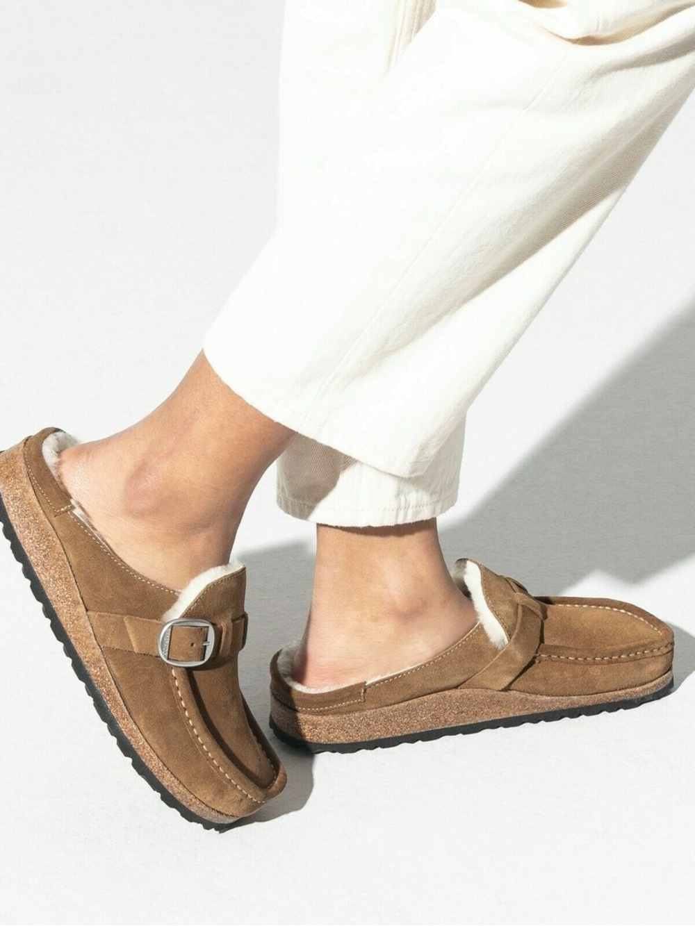 Birkenstock Tan Suede Shearling-Lined Slip-On Clogs with Buckle Size 10 NWOT